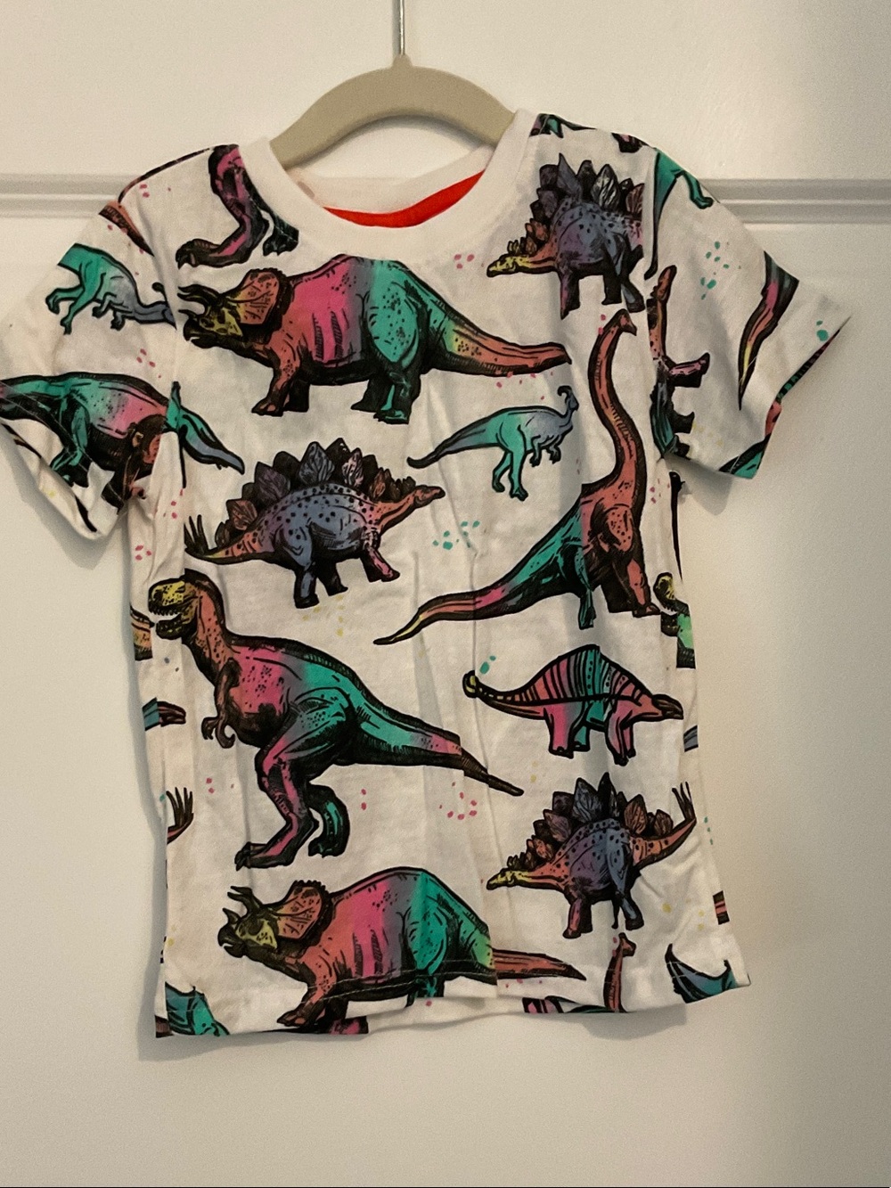 Kids White Short-Sleeve Tee with Multicolor Dinosaur Print